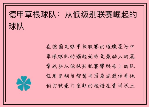 德甲草根球队：从低级别联赛崛起的球队