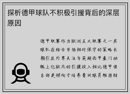 探析德甲球队不积极引援背后的深层原因