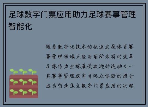 足球数字门票应用助力足球赛事管理智能化